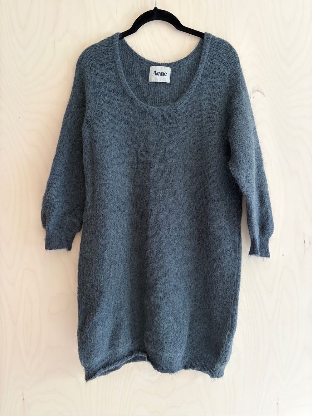 Acne Gray Fuzzy Scoop-Neck Mohair Blend Sweater Dress
